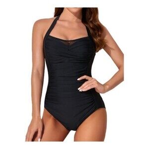 Women's Halter Black Swimsuit Sweetheart Ruched Mesh Vintage NWT Size XXL #6985